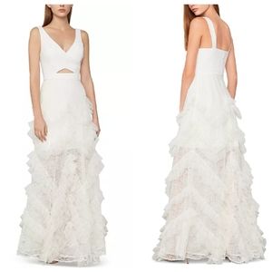 BCBGMAXAZRIA White Lace Ruched Ruffle Tulle Tiered Cutout Maxi Gown Size 0